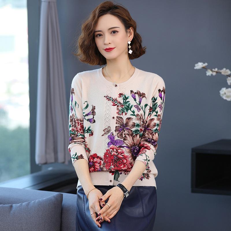 Autumn and Winter Printed Cardigan Women's Plus Size Casual Sweater Coat High-end Wool Sweater