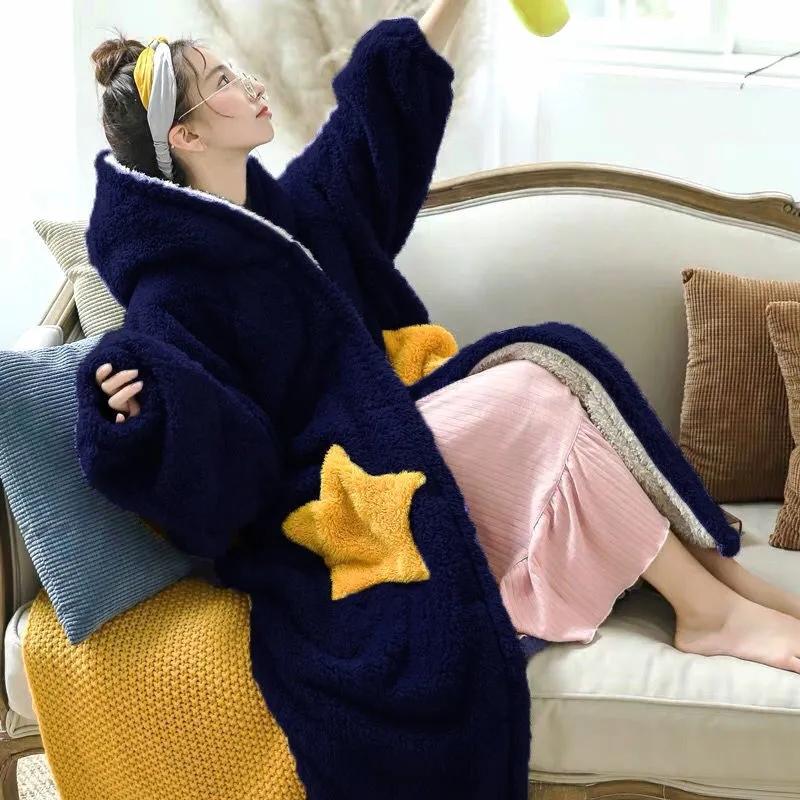 Women's Winter Long Hooded Nightdress Coral Velvet Nightgown Large Size Bathrobe Star Plus Velvet Thickening Home Wear Ladies Pajamas