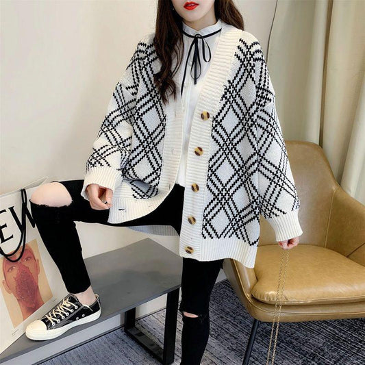 Autumn and Winter Lazy Style Long Sleeve Sweater Korean Loose V-neck Sweater Loose Jacket