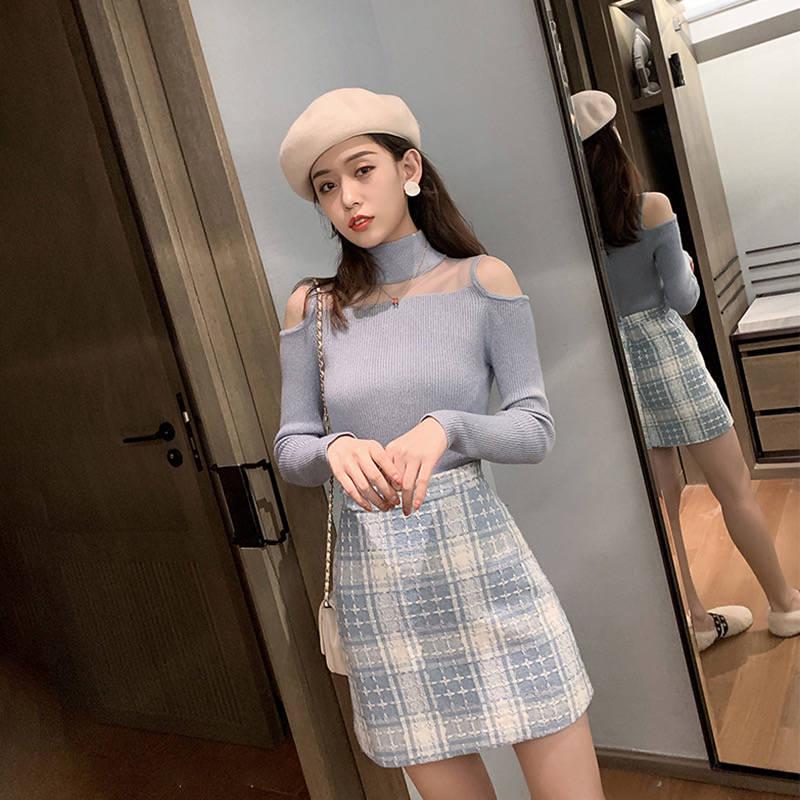 Pofulove Women Off-the-shoulder Half Turtleneck Shirt Mesh Stitched Sexy Knitwear Elastic Jumper