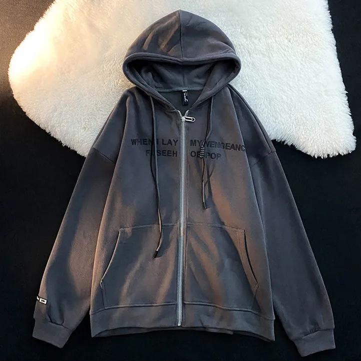 Women's Autumn and Winter Fleece Thickened Hooded Sweater Student Loose and Lazy Style Zipper Jacket Ins Casual Printed Jacket Fashion Cardigan