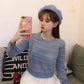 Cute O-neck Pullover Long Sleeve Short Twist Sweater Women Open Waist Striped Knitwear