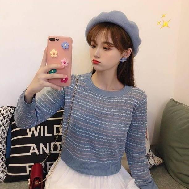 Cute O-neck Pullover Long Sleeve Short Twist Sweater Women Open Waist Striped Knitwear