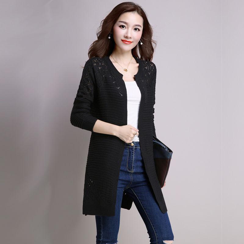 Spring and Autumn Mid-length Sweater Knitted Cardigan Hollow Top Solid Color All-match Female Jacket