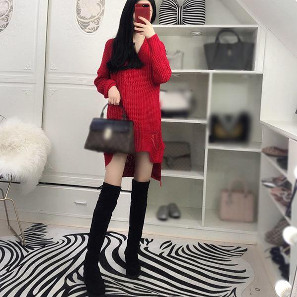 Spring and Autumn Sexy Mid-length Sweater V-neck Pullover Irregular Top Loose Hole Knit Sweater Dress
