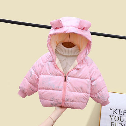Girls Printing Plus Velvet Padded Cotton Jacket Hooded Winter Short Warm and Windproof Jacket
