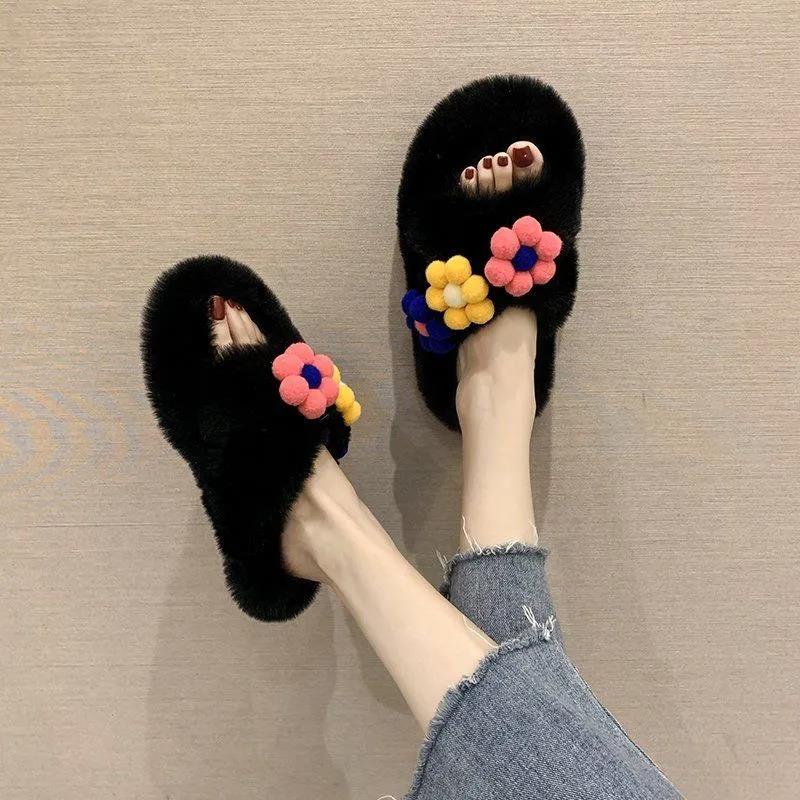 Hairy Slippers Women Winter Warm Comfortable and Cute All-match Flower Cotton Slippers Home Slip-resistant Women's Cotton Slippers