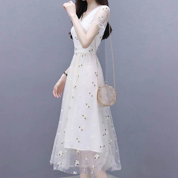 Pofulove S-3XL Women Summer V-neck Chiffon Mesh Dress Slim Sexy Short-sleeved Long A-line Dress