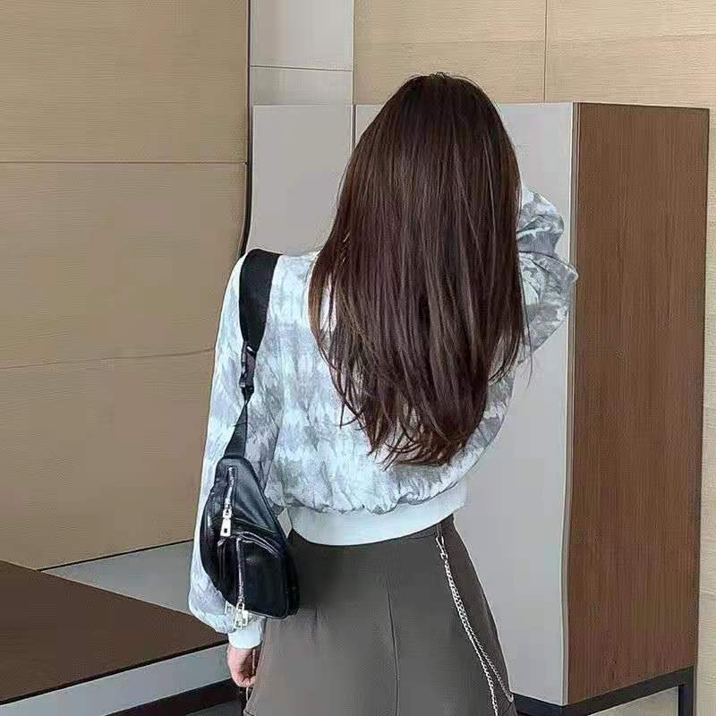 Women's Retro Tie Dye Sweater Loose Thin Lazy Style Short Long Sleeve Top Cropped Navel Statement Top Athletic Girl Pullover Dark Sweatshirt