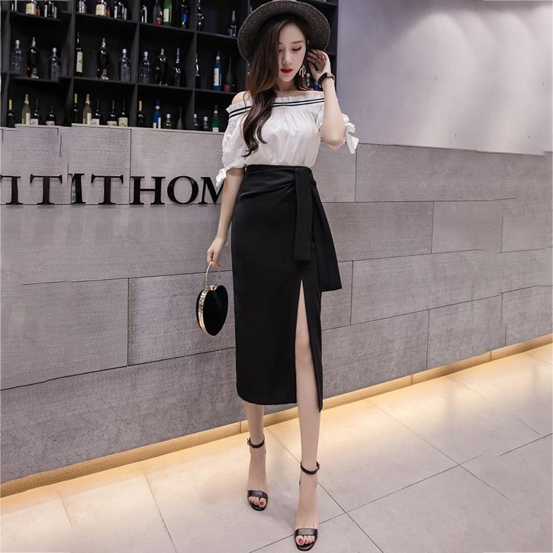 Women Sexy Irregular Bow Tight High WaistHip Skirt Mid-calf Split Zipper Club Casual Home Office