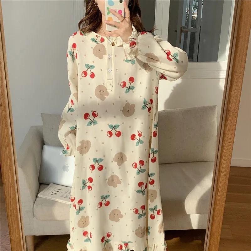 Women's Autumn Winter Pajamas Dress Long Cute Doll Collar Strawberry Printing Sweet Long Sleeve Nightdress Loose Comfortable Homewear