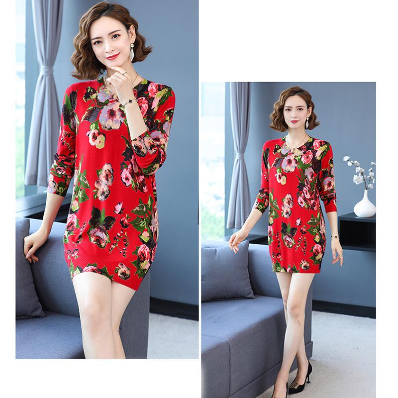 Mid-length Autumn and Winter Women's Printed Sweater Round Neck Casual Sweater Fashion Casual Long Sweater