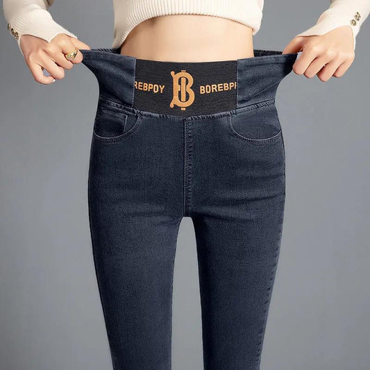 High-waisted Abdomen Stretch Jeans Plus Velvet Thickening Women's Elastic Waist Slim-fit and Warm Feet Pencil Long Pants