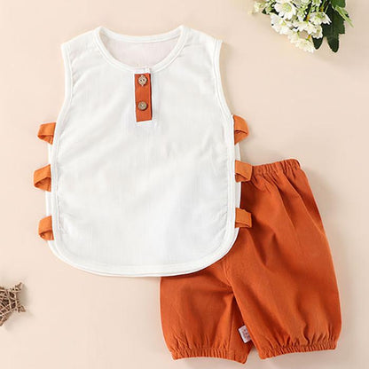 Children's Suit Summer Thin Boys and Girls Baby Breathable Stitching Button Sleeveless Shorts Two Piece Set Casual Wear