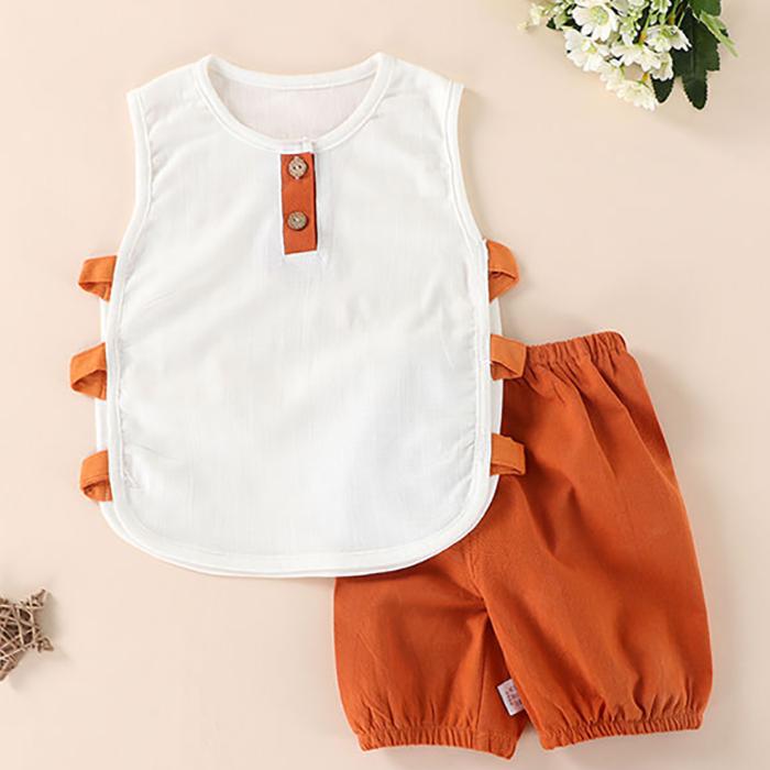Children's Suit Summer Thin Boys and Girls Baby Breathable Stitching Button Sleeveless Shorts Two Piece Set Casual Wear