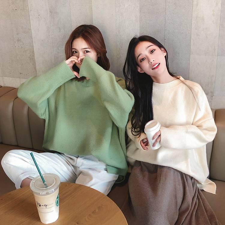 Solid Color Loose Sweater Women's Round Neck Pullover Long-sleeved Wild Thick Sweater
