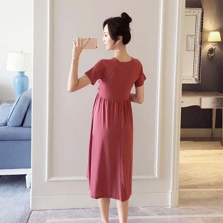 Maternity Clothes Short Sleeve Dress Mid-length Loose Plus Size V-Neck High Waist Over The Knee Skirt
