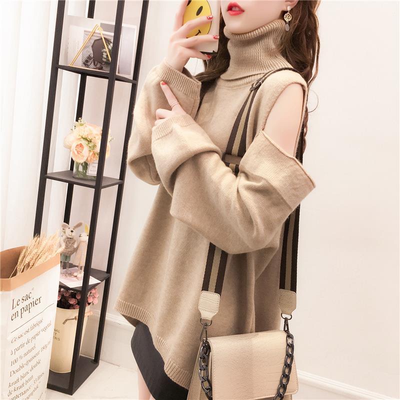 Off-the-shoulder High-neck Careful Machine Sweater Women Autumn and Winter Loose Tops, Fashionable Casual Coat
