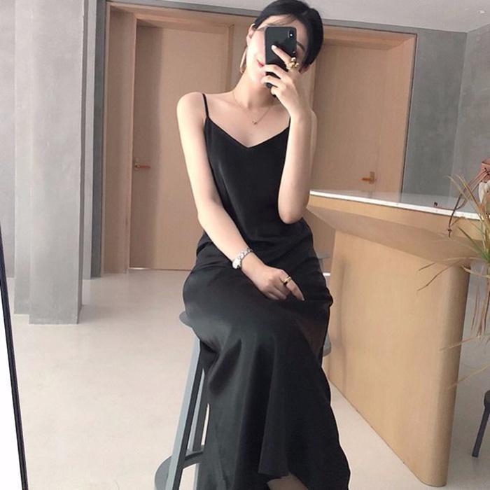 Women's Mid-length Slim Base Sleeveless Dress Pure Color Sexy Shiny Premium Texture Satin Silky Suspender Skirt