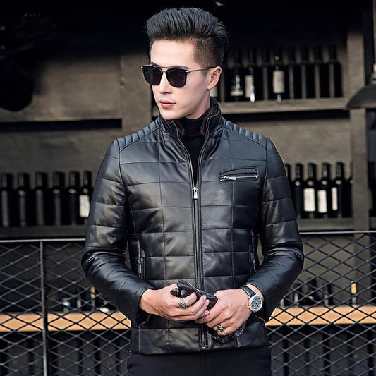 Men's Leather Down Jacket Sheepskin Mink Stand-collar Jacket Autumn and Winter Leather Leather Fur Jacket
