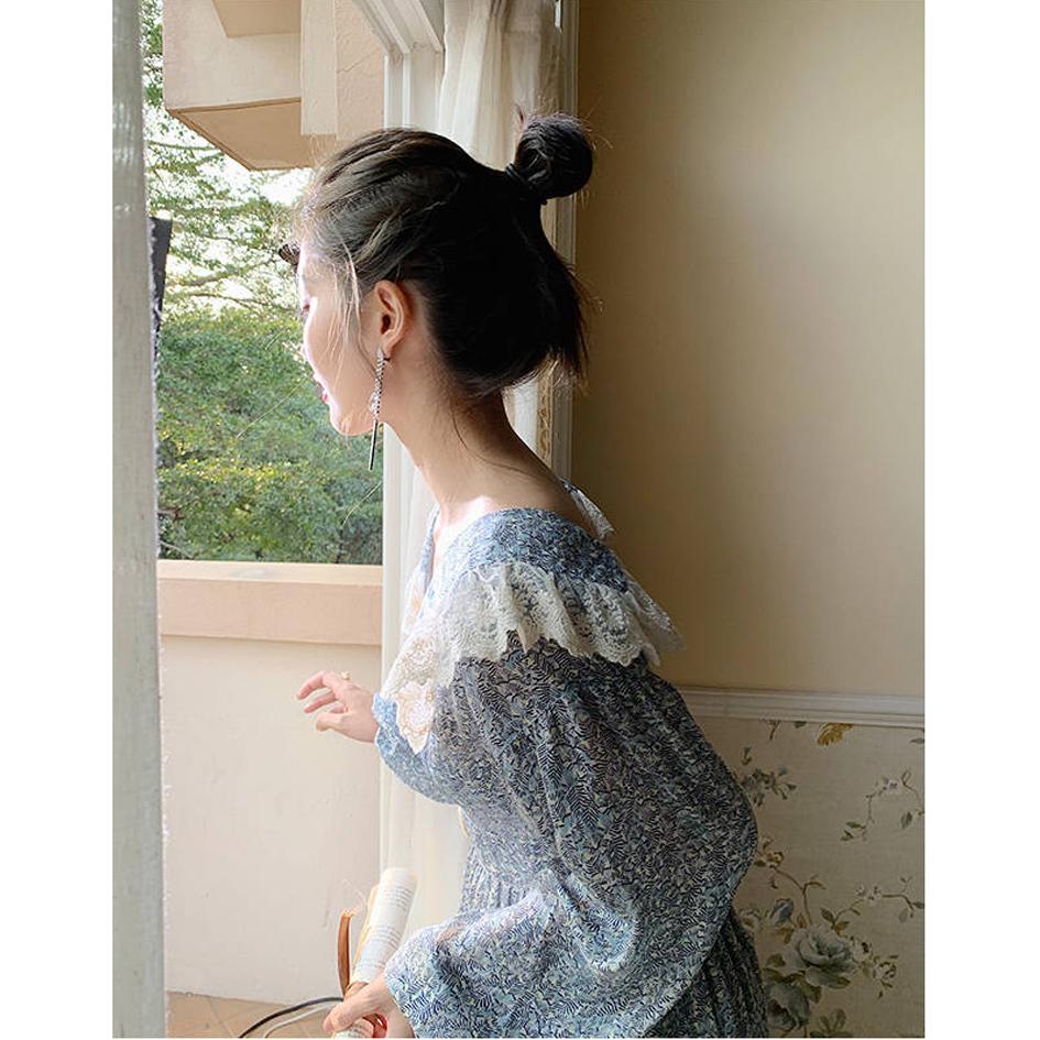 Summer Women Dress for Ladies Long Sleeve Vintage Chiffon Shirt Dress Casual Floral Long Dress