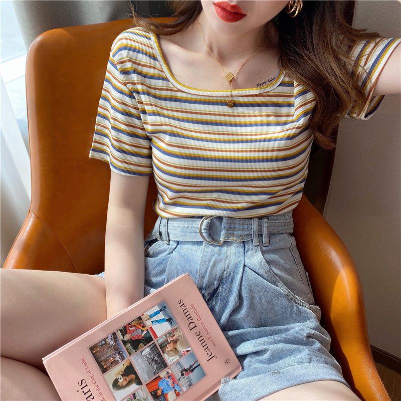 Summer Rainbow Striped Short-sleeved T-shirt Women's Slim French Square Collar with Half-sleeve Top