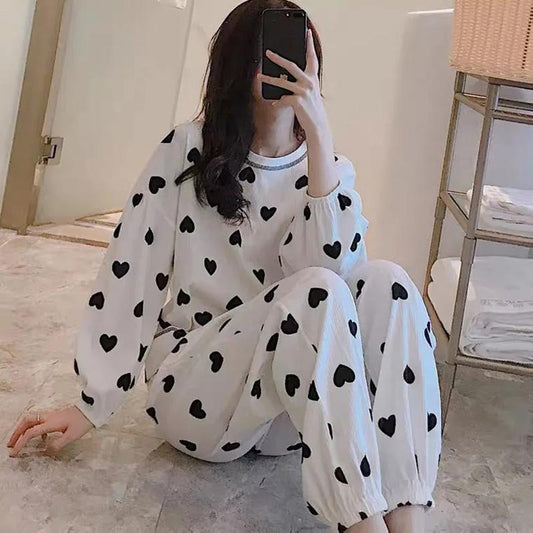 Women's Long Sleeve Heart Pajamas Large Size Loose Spring Autumn Thin Home wear Round Neck Pullover Pants Top Two Piece Sets Solid Color