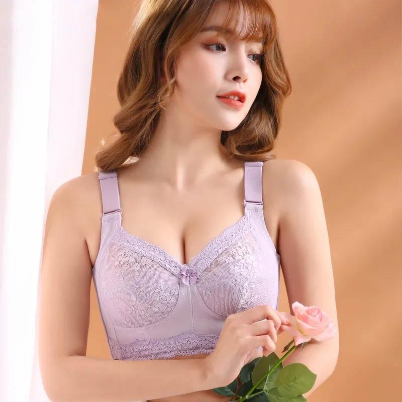 Ladies Large Size Lace Sexy Breathable Bra Gathered Anti-sagging No Steel Rings High Side Underwear Side Slim Adjustable Corrective Bra