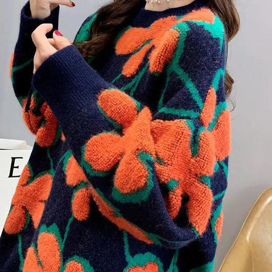 Women's Winter Round Collar Flower Sweater Female Autumn Large Size Outdoor Loose Warm Versatile Knitted Pullover