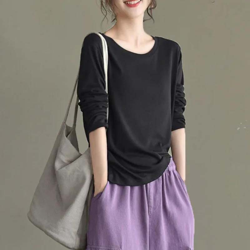 Pure Cotton Long-sleeved T-shirt Spring and Autumn Women's Top Cotton Loose Solid Color Large Size Bottoming Shirt