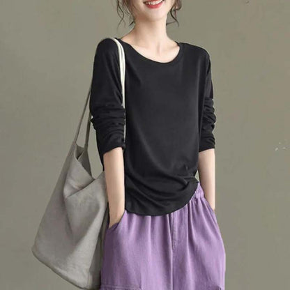 Pure Cotton Long-sleeved T-shirt Spring and Autumn Women's Top Cotton Loose Solid Color Large Size Bottoming Shirt