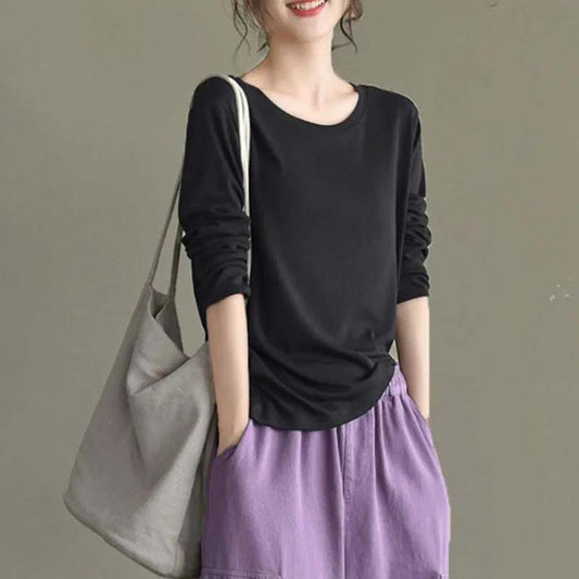 Pure Cotton Long-sleeved T-shirt Spring and Autumn Women's Top Cotton Loose Solid Color Large Size Bottoming Shirt