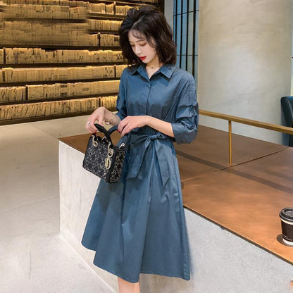 Spring Summer Women's Shirt Dress Mid-length Skirt Ladies Professional Wear All-match Long-sleeved Solid Color Dress