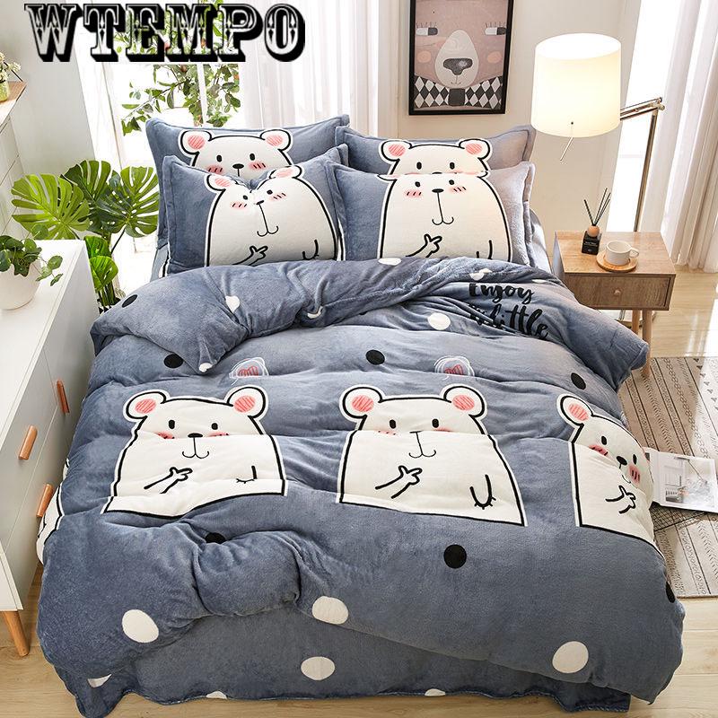 Thick Cotton Soft Bedroom Home Textile Set Flannel Kit Bed Four-piece Winter Warm Quilt Cover