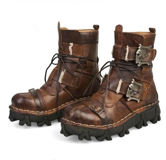 Men Genuine Leather Military Uniform Boots Gothic Skull Punk Martin Platform Mid-calf Boots