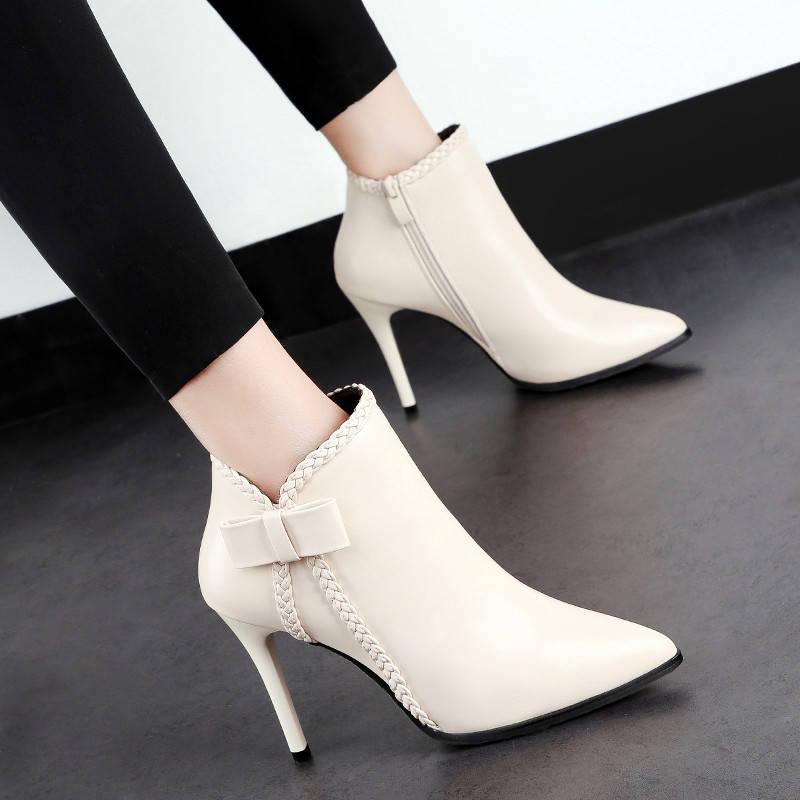 Pointed High Heels Martin Boots Sexy Stiletto Plus Velvet Bow Ankle Boots