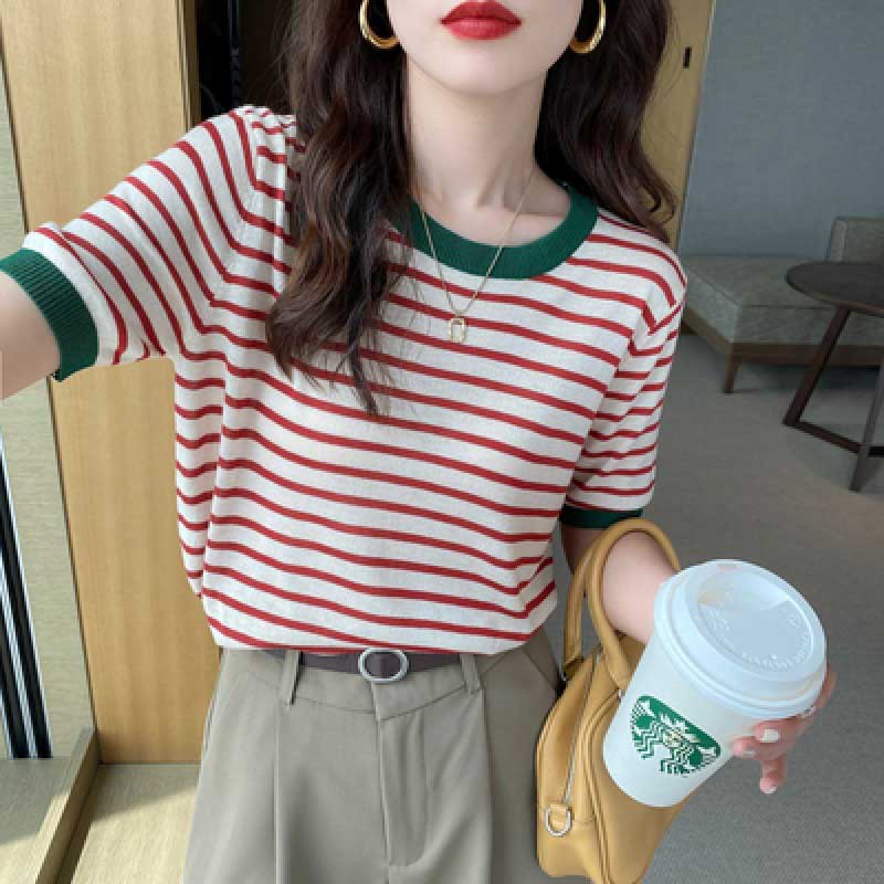 Ice Silk Short-sleeved Knitted Sweater Women's Thin Striped T-shirt Bottoming Summer Half-sleeved Short Top