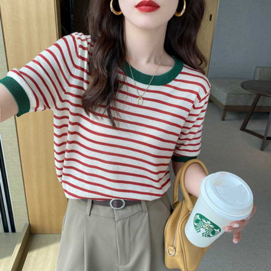 Ice Silk Short-sleeved Knitted Sweater Women's Thin Striped T-shirt Bottoming Summer Half-sleeved Short Top