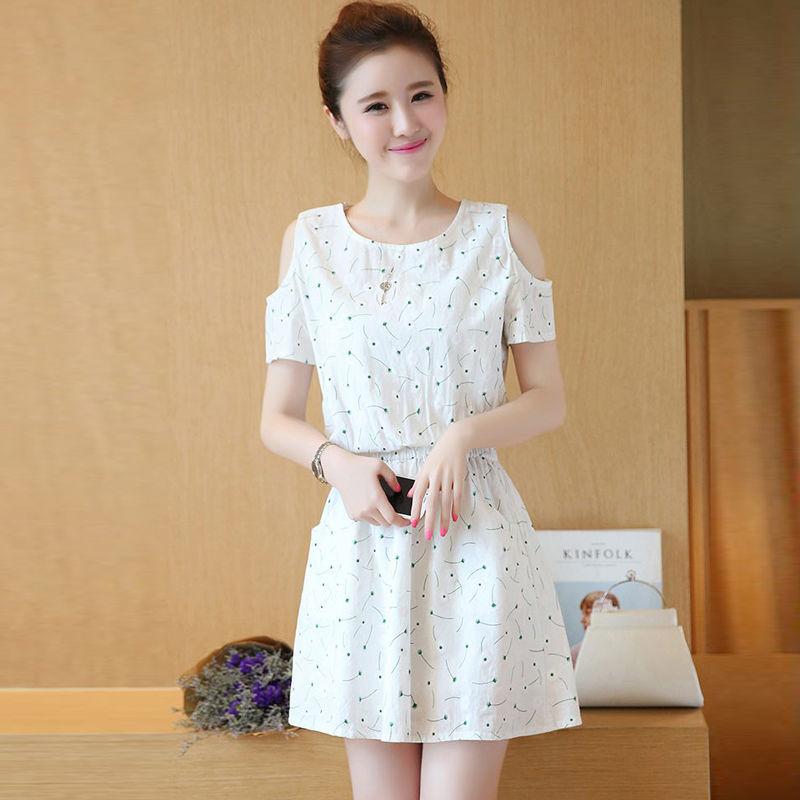 Cotton Short Off-shoulder Dress Floral Waist Slimming Dress Ladies Off-shoulder Dress Cotton Fabric Sweat-absorbent and Breathable