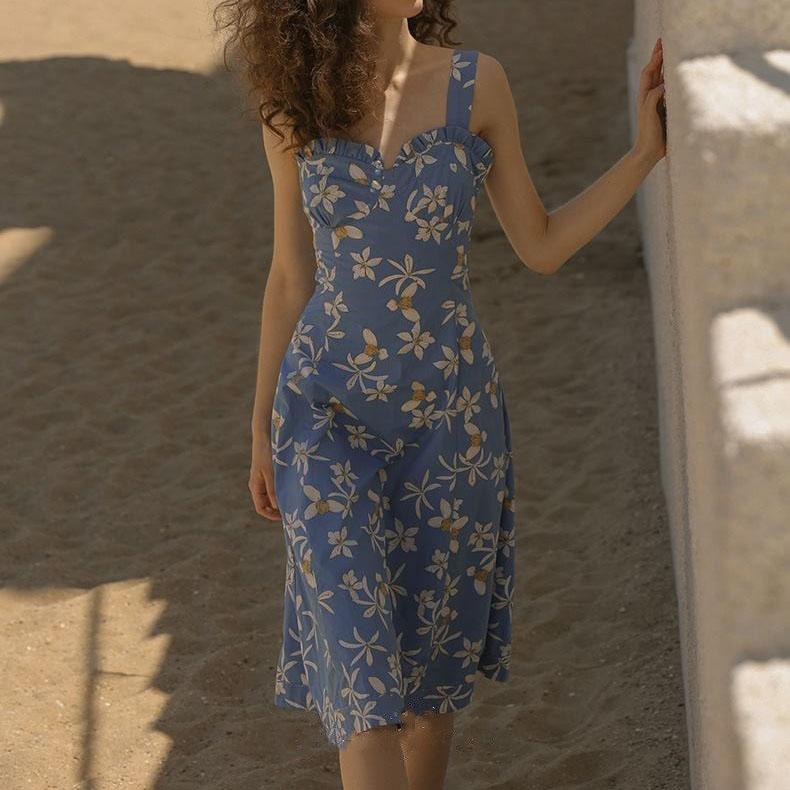 Female Slim Elegant Platycodon Grandiflorum Flower Beach Sling Dress V-neck Graceful Vintage Holiday Long Dress
