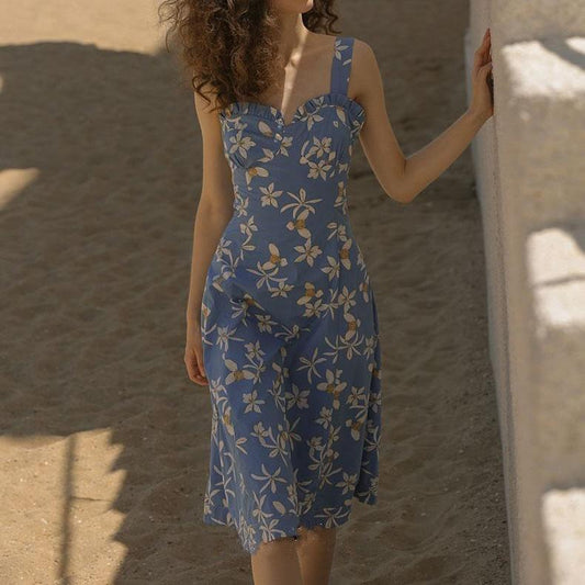 Female Slim Elegant Platycodon Grandiflorum Flower Beach Sling Dress V-neck Graceful Vintage Holiday Long Dress