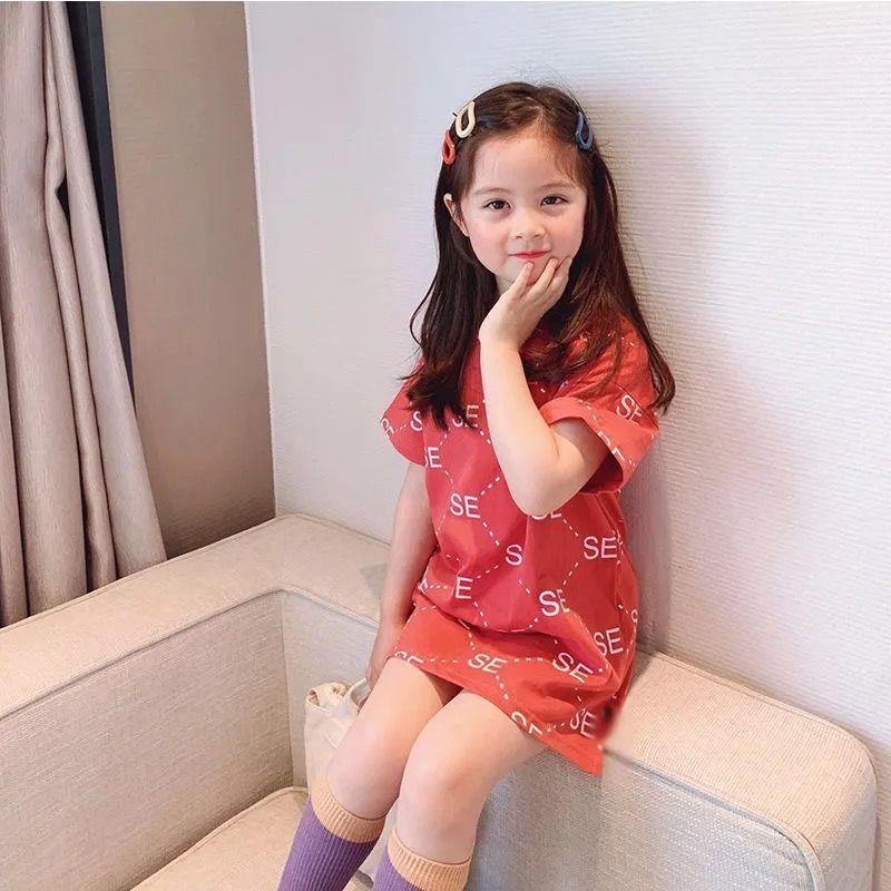 Children Dress Girls' Summer Printed Letter Short Sleeve T shirt Dress Korean Sweet Casual Dress Straight Dress