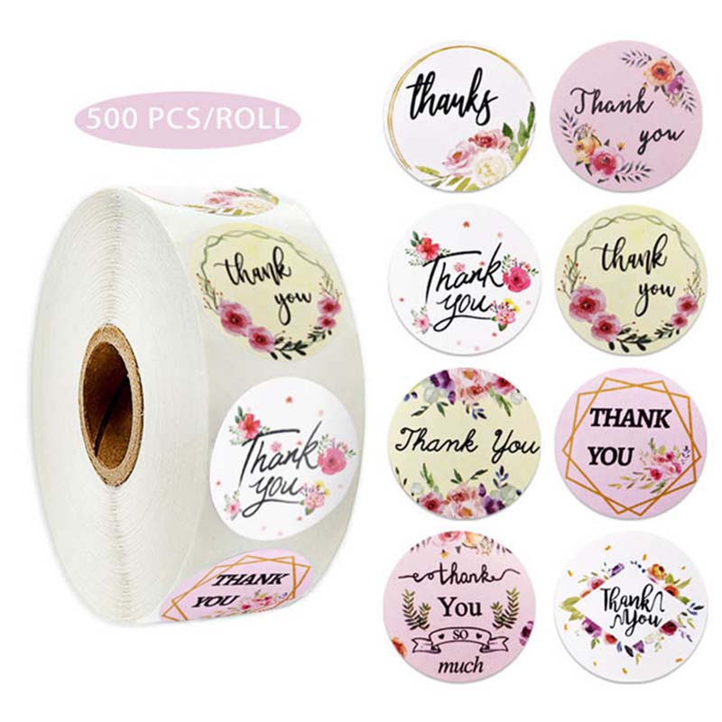 500 Pcs Round Flower Thank You Sticker Roll Sealing Sticker 8 Patterns Holiday Gift Decoration Stationery Sticker