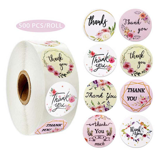 500 Pcs Round Flower Thank You Sticker Roll Sealing Sticker 8 Patterns Holiday Gift Decoration Stationery Sticker