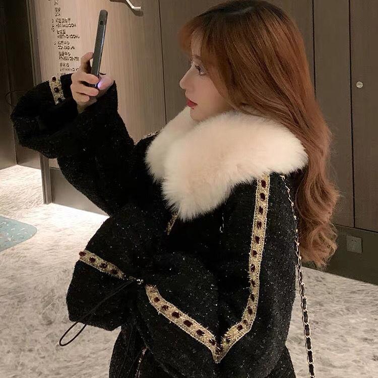 Winter Jacket Women's Cotton-padded Clothes Mid-length Loose-fitting Bright-faced Large Fur Collar Waist Thin Down Cotton-padded Coat