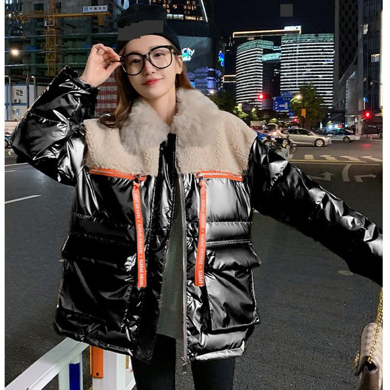 Women's Winter Korean Style Loose Quilted Coat Warmth and Thick Stand-up Collar Down Jacket Women's Bright Surface Regular Down Jacket with Fur Collar