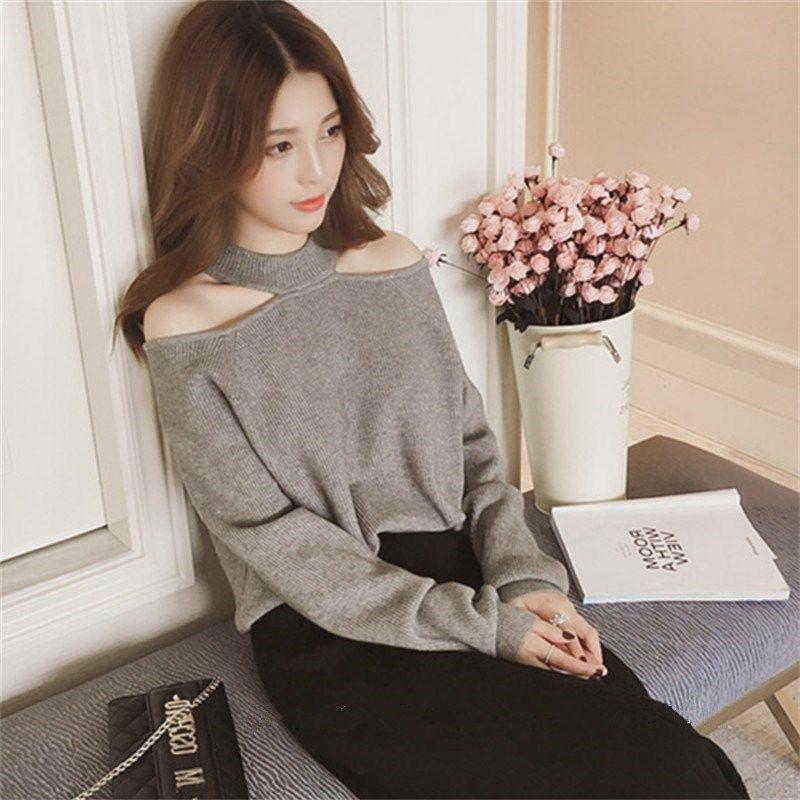 Off-shoulder Hanging Neck Solid Color Knit Sweater Pullover Casual Fall/winter Sweater Women's Long-sleeved Top with Careful Design