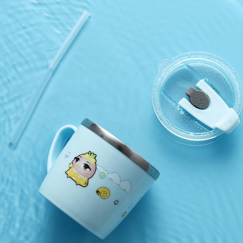 Stainless Steel Children's Straw Cup with Lid and Handle Anti-drop Water Cup Baby Learn To Drink Cup 220ML