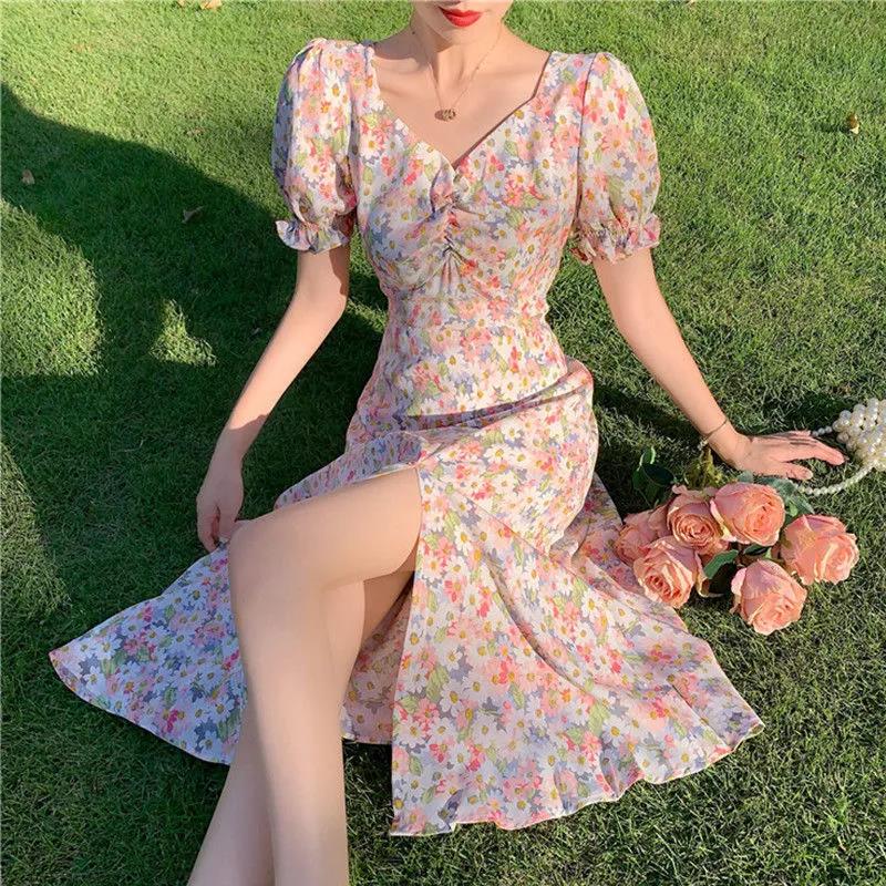Women's Summer Floral Chiffon Skirt Puff Sleeve V-neck Midi Skirt