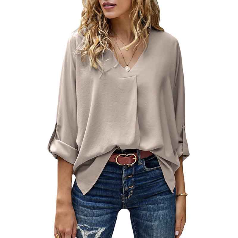 Chiffon Shirt Women's Spring and Summer Sexy V-neck Loose Large Size Shirt Fashion Long-sleeved Top
